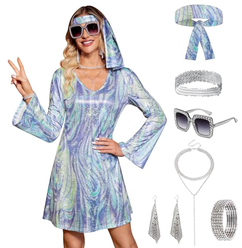 Clarisbelle Damen Halloween 7-teiliges Disco-Kleid Pailletten 70er Jahre Tanzkostüm Outfit mit Sonnenbrille Stirnband, Blau A7, XXL von Clarisbelle