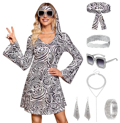 Clarisbelle Damen Halloween 7-teiliges Disco-Kleid Pailletten 70er Jahre Tanzkostüm Outfit mit Sonnenbrille Stirnband, Schwarz B2, L von Clarisbelle