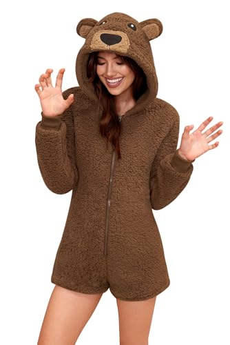Clarisbelle Halloween Damen-Pyjama mit Kapuze, Plüsch-Fleece, Sherpa-Flanell, Einteiler, Kostüm, Braunbär, Größe XL Clarisbelle Halloween Damen-Pyjama mit Kapuze, Plüsch-Fleece, Sherpa-Flanell, Einteiler, Kostüm, Braunbär, Größe XL von Clarisbelle