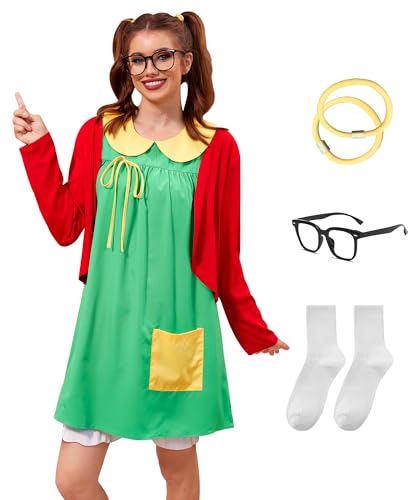 Clarisbelle Halloween-Kostüm für Damen, Peter-Pan-Kragen, Cosplay-Kostüm, grünes Kleid mit roter Strickjacke, 6 Stück, Grünes Set, Small von Clarisbelle