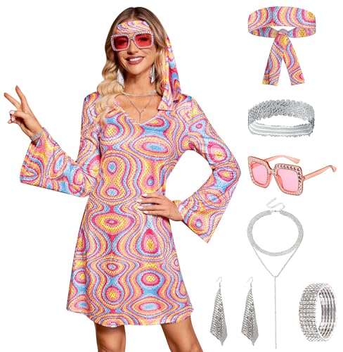 Damen Halloween 70er 1970er Jahre ausgestellte Ärmel Kostüm Tänzerin Sparkly Hippie Kleider Rosa Graffiti S von Clarisbelle