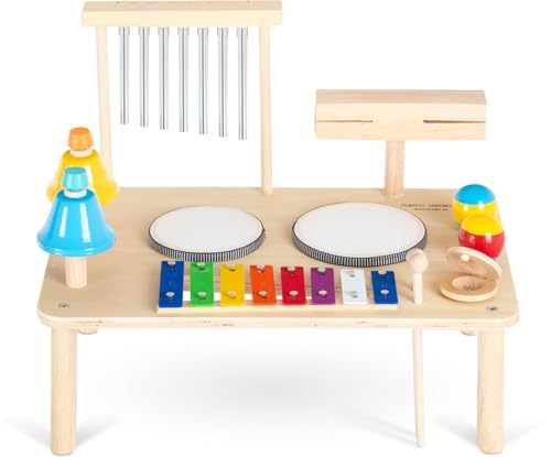 Classic Cantabile 12 in 1 Percussion Schlagzeug Musiktisch - Set für Kinder und Babys ab 1 Jahr - Montessori Kinderspielzeug - Musikinstrumente aus Holz - Für Kleinkinder mit Glockenspiel & Trommeln von Classic Cantabile