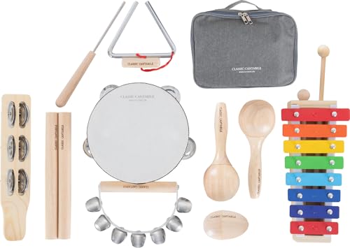 Classic Cantabile Kinder-Percussion Set - 13-Teiliges Percussion Set mit Glockenspiel, Tambourin aus Holz, Maracas, Triangel und Egg-Shaker - Ideal für Kindergarten und Musikalische Früherziehung von Classic Cantabile