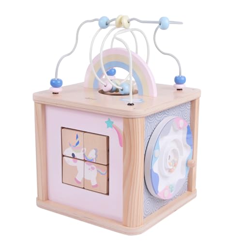 Classic World - Dream Activity Cube, Holz-Aktivitätswürfel, multifunktionales Spielzeug mit Perlenlabyrinth, Pastell-Regenbogen und Einhorn von Classic World