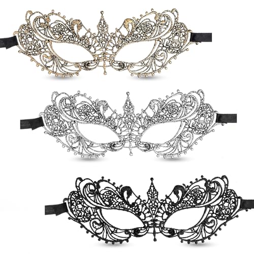 Classicseali 3 Stück Venezianische Maske,Maskenball Damen,Maske für Maskenball,Spitzenmaske für Halloween,Karneval,Tanz,Abendkleid,Ball Party,Angenehm zu Tragen(Gold,Silber,Schwarz) von Classicseali