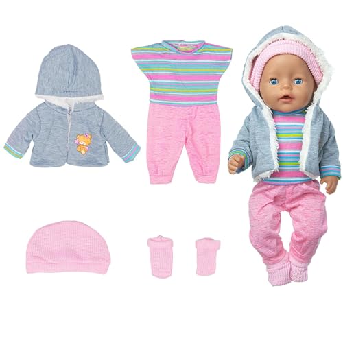 4 Stücke Puppenkleidung 43 cm Puppenzubehör Set mit Kapuzenoverall für Mädchen, Baby Zubehör in Pink und Grau als Geschenk von ClcIosis