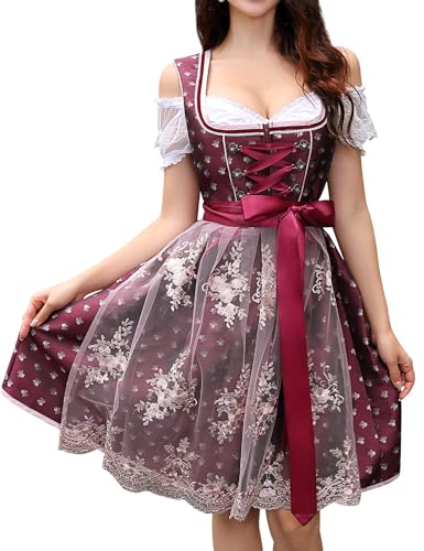 Clearlove Damen 3-teiliges deutsches Dirndlkleid Kostüme für Bayerisches Oktoberfest Halloween Karneval, Weinrot, Burgunderrot, S von Clearlove