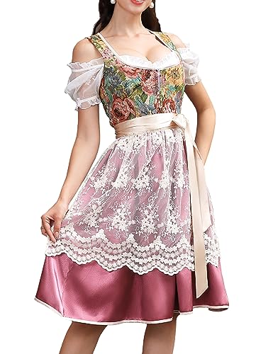Clearlove Übergröße Oktoberfest Kostüme für Damen 3 Stück Reißverschluss Dirndl Kleid Spitze Floral Bayerisch Karneval Outfits Rot 3XL von Clearlove
