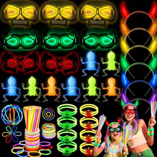 85Stück Halloween Knicklichter Party Mitgebsel Kindergeburtstag Gastgeschenke Knicklichter Teufelshörner Neon Halloween Masken Leuchtarmbänder Fluoreszierende Totenkopf Halskette Schwarzlicht Party von Cleboen