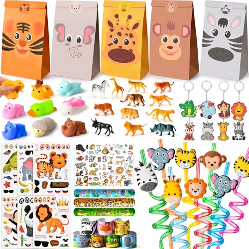 Cleboen Dschungel Party Mitgebsel Kindergeburtstag Kinder Strohhalme Squishy Spielzeug Schlüsselanhänger Schnapparmband DIY Aufkleber Geschenktüten Tier Figuren Tattoo Safari Give Aways Pinata Füllung von Cleboen