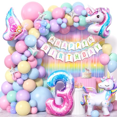 Cleboen Einhorn Deko Kindergeburtstag Mädchen 3 4 5 6 Jahre, Pastell Luftballon Girlande mit Einhorn Luftballon Lametta Vorhang Happy Birthday Banner, Einhorn Kindergeburtstag Decorations Party Deko von Cleboen