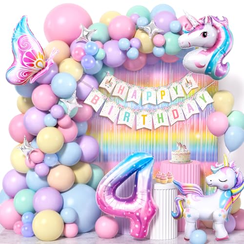 Cleboen Einhorn Deko Kindergeburtstag Mädchen 3 4 5 6 Jahre, Pastell Luftballon Girlande mit Einhorn Luftballon Lametta Vorhang Happy Birthday Banner, Einhorn Kindergeburtstag Decorations Party Deko von Cleboen