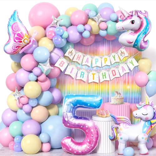 Cleboen Einhorn Deko Kindergeburtstag Mädchen 3 4 5 6 Jahre, Pastell Luftballon Girlande mit Einhorn Luftballon Lametta Vorhang Happy Birthday Banner, Einhorn Kindergeburtstag Decorations Party Deko von Cleboen