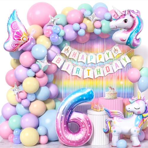 Cleboen Einhorn Deko Kindergeburtstag Mädchen 3 4 5 6 Jahre, Pastell Luftballon Girlande mit Einhorn Luftballon Lametta Vorhang Happy Birthday Banner, Einhorn Kindergeburtstag Decorations Party Deko von Cleboen