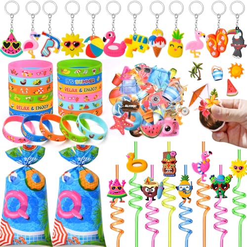Pool Sommer Mitgebsel Kindergeburtstag Gastgeschenke Mädchen mit Wiederverwendbare Strohhalm Silikon Armbänder Geschenktüten Schlüsselanhänger Aufkleber Hawaii Party Deko Spielzeug Kinder Give Aways von Cleboen