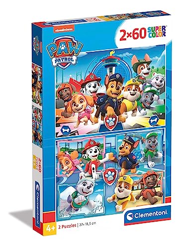 Clementoni 21617 Supercolor Paw Patrol – Puzzle 2 x 60 Teile ab 5 Jahren, buntes Kinderpuzzle mit besonderer Leuchtkraft & Farbintensität, Geschicklichkeitsspiel für Kinder von Clementoni