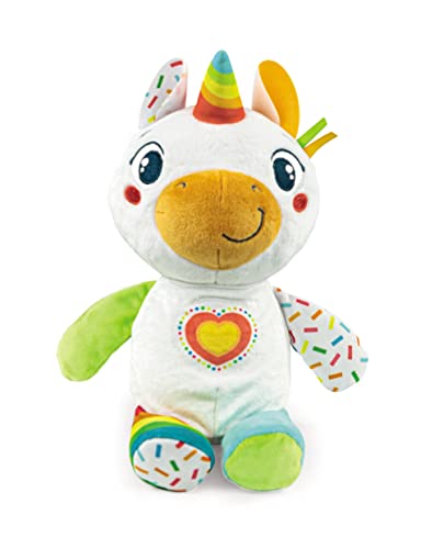 Clementoni, Baby-Einhorn, interaktives Plüschtier in Einhornform, mit interaktiven Knöpfen, einschließlich Lerninhalte, Stimme und Lieder, Baby-Plüschtier, 6 Monate, Spielzeug auf Spanisch (55500) von Clementoni