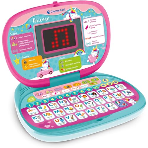 Clementoni - 16455 – Computer Kid DOT Unicorn – sprechendes elektronisches Lernspiel, Kindercomputer, Kinder-Laptop 3 Jahre, Technologie für Kinder, tragbar, Batterien im Lieferumfang enthalten von Clementoni