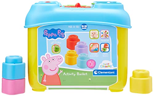 Clementoni 17715 Clemmy – „Peppa Pig“ Aktivitäts-Eimer, mechanisches Spielzeug mit 15 Bausteinen, farbenfrohes Babyspielzeug für Kleinkinder ab 10 Monaten von Clementoni