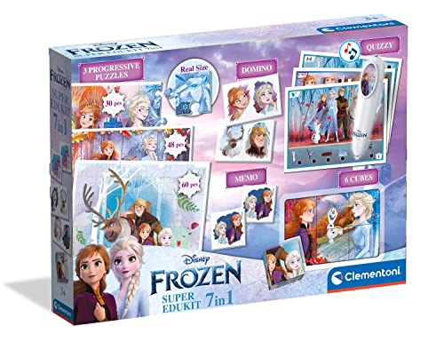 Clementoni - 18110 – Super Edukit 7 in 1 – Disney Die Eiskönigin (3 Puzzles mit 30, 48 und 60 Teilen, 6 Würfel, EIN Memo, EIN Domino und 12 Quizkarten) – Lernspiel 3 Jahre – Hergestellt in Italien von Clementoni