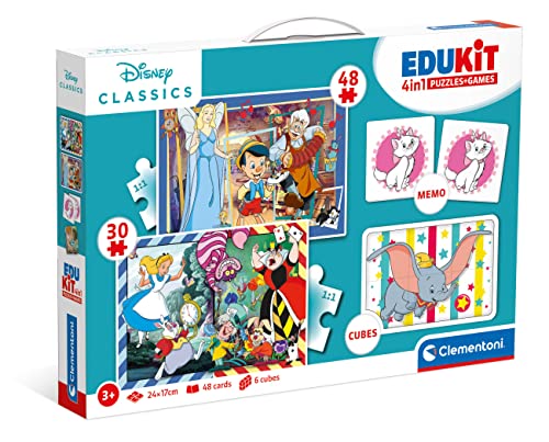 Clementoni Disney Classic Edukit 4 in 1 Set (Memo, Puzzle 30 und 48 Stücke, 6 Würfel) - pädagogische Spiele für Kinder - Memory und Logik-Spiel 18290 von Clementoni
