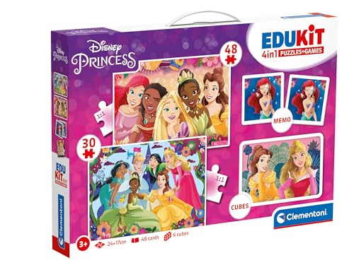 Clementoni - 18297 - Edukit 4 in 1 - Disney Princess - Brettspiele Set (Memo, Puzzle 30 und 48 Teile, 6 Würfel), Bildung 3 Jahre, Gedächtnis und Logik, Karten zum Pairing, Kinderpuzzle, Made in Italy von Clementoni