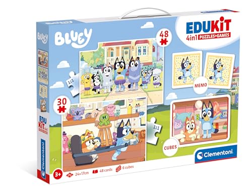 Clementoni - 18320 - Edukit 4 in 1 - Bluey - Brettspiele Set (Memo, Puzzle 30 und 48 Teile, 6 Würfel), Lernspiel 3 Jahre, Gedächtnis- und Logikspiel, Karten zum Paaren, Puzzles für Kinder, Made in von Clementoni