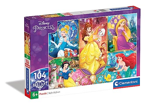 Clementoni 20140 Brilliant Puzzle Disney Prinzessinnen – Puzzle 104 Teile ab 6 Jahren, farbenfrohes Kinderpuzzle mit Schimmer-Effekt, Geschicklichkeitsspiel für Kinder von Clementoni