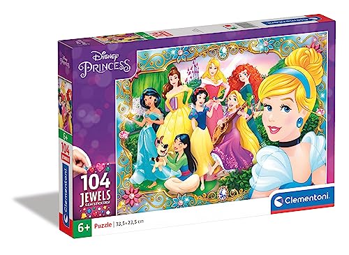 Clementoni 20147 Jewels Puzzle Disney Princess – Puzzle 104 Teile ab 6 Jahren, farbenfrohes Kinderpuzzle mit Glitzersteinen zum Aufkleben, Geschicklichkeitsspiel für Kinder von Clementoni