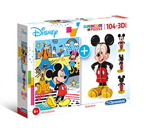 Clementoni 20157 Mickey Mouse 104 + 3D Modell – Puzzle 104 Teile & 3D Puzzle ab 6 Jahren, farbenfrohes Kinderpuzzle mit 3D Figur, Geschicklichkeitsspiel für Kinder von Clementoni