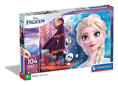 Clementoni 20164 Jewels Puzzle Frozen 2 – Puzzle 104 Teile ab 6 Jahren, farbenfrohes Kinderpuzzle mit Glitzersteinen zum Aufkleben, Geschicklichkeitsspiel für Kinder von Clementoni