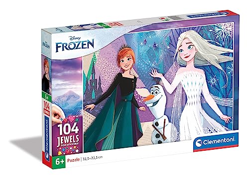 Clementoni 20182 Jewels Puzzle Frozen 2 – Puzzle 104 Teile ab 6 Jahren, farbenfrohes Kinderpuzzle mit Glitzersteinen zum Aufkleben, Geschicklichkeitsspiel für Kinder von Clementoni