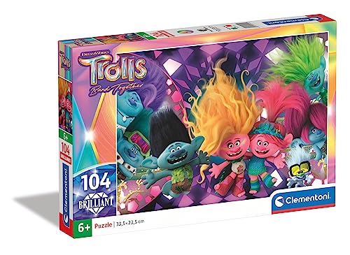 Clementoni 20191 Brilliant Trolls 3-Puzzle 104 Teile Ab 6 Jahren, Buntes Kinderpuzzle Mit Besonderer Leuchtkraft & Farbintensität, Geschicklichkeitsspiel Für Kinder, Schwarz von Clementoni