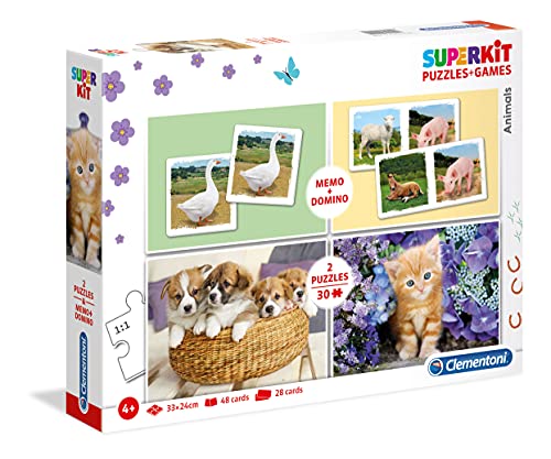 Clementoni 20240 Superkit Tiere – Puzzle- und Spieleset ab 4 Jahren, Memo- und Dominospiel sowie 2 Kinderpuzzle mit 30 Teilen, verschiedene Denkspiele für Kinder von Clementoni
