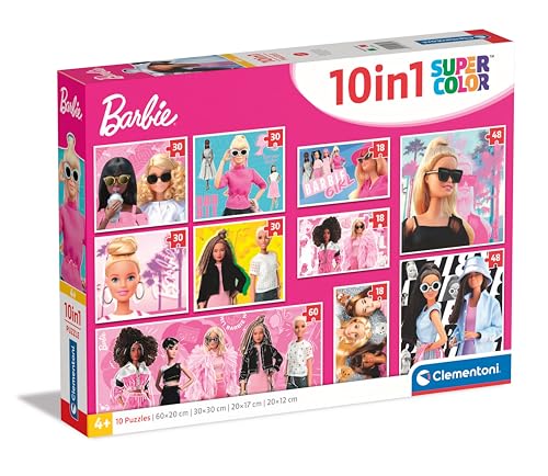 Clementoni 20282 Supercolor Barbie – 10-in-1-Puzzle mit 10 verschiedenen Bildern (3 18, à 30, 2 48 1 60-teiliges, Puzzle für Kinder 4 Jahre, Made in Italy, Mehrfarbig von Clementoni