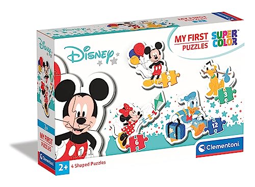 Clementoni 20819 Supercolor Mickey Mouse – Puzzle 3 + 6 + 9 + 12 Teile ab 2 Jahren, buntes Kinderpuzzle mit besonderer Leuchtkraft & Farbintensität, Geschicklichkeitsspiel für Kinder von Clementoni