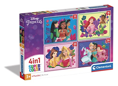 Clementoni 21517 Supercolor 4 In 1-Disney Princess-Puzzle 12,16,20,24 Teile Ab 3 Jahren, Buntes Kinderpuzzle Mit Besonderer Leuchtkraft, Geschicklichkeitsspiel Für Kinder von Clementoni