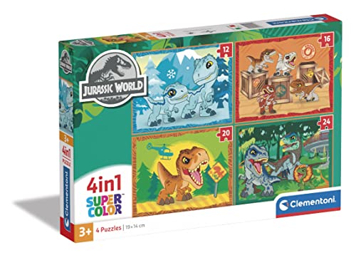 Clementoni 21521 Supercolor 4 In 1-Jurassic World-Puzzle 12,16,20,24 Teile Ab 3 Jahren, Buntes Kinderpuzzle Mit Besonderer Leuchtkraft, Geschicklichkeitsspiel Für Kinder von Clementoni