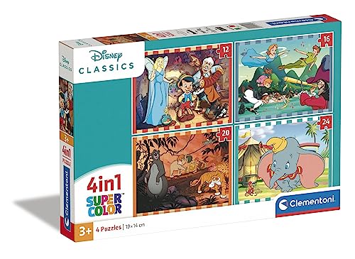 Clementoni 21523 Supercolor 4 in 1-Disney Classics-Puzzle 12,16,20,24 Teile Ab 3 Jahren, Buntes Kinderpuzzle Mit Besonderer Leuchtkraft & Farbintensität von Clementoni