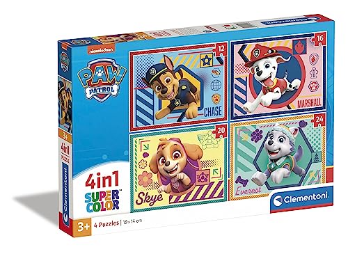 Clementoni 21526 Supercolor 4 in 1-Paw Patrol-Puzzle 12,16,20,24 Teile Ab 3 Jahren, Buntes Kinderpuzzle Mit Besonderer Leuchtkraft & Farbintensität, Geschicklichkeitsspiel Für Kinder von Clementoni