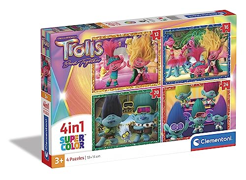 Clementoni 21527 Supercolor 4 in 1-Trolls 3-Puzzle 12,16,20,24 Teile Ab 3 Jahren, Buntes Kinderpuzzle Mit Besonderer Leuchtkraft & Farbintensität, Geschicklichkeitsspiel Für Kinder von Clementoni