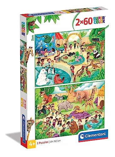 Clementoni 21603 Supercolor Zoo – Puzzle 2 x 60 Teile ab 5 Jahren, buntes Kinderpuzzle mit besonderer Leuchtkraft & Farbintensität, Geschicklichkeitsspiel für Kinder von Clementoni