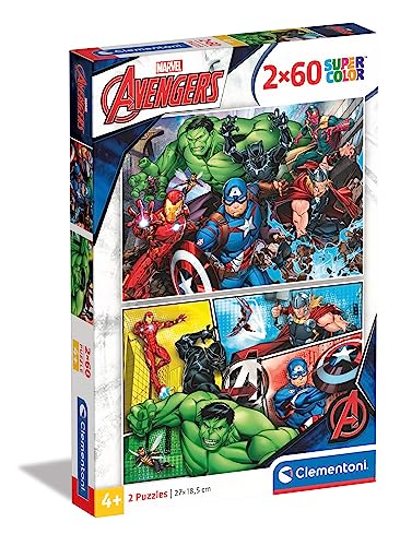 Clementoni 21605 Supercolor The Avengers – Puzzle 2 x 60 Teile ab 5 Jahren, buntes Kinderpuzzle mit besonderer Leuchtkraft & Farbintensität, Geschicklichkeitsspiel für Kinder von Clementoni