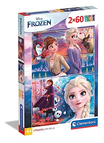 Clementoni 21609 Supercolor Frozen 2 – Puzzle 2 x 60 Teile ab 4 Jahren, buntes Kinderpuzzle mit besonderer Leuchtkraft & Farbintensität, Geschicklichkeitsspiel für Kinder von Clementoni