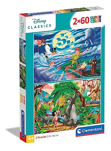 Clementoni 21613 Supercolor Disney Classic – Puzzle 2 x 60 Teile ab 4 Jahren, buntes Kinderpuzzle mit besonderer Leuchtkraft & Farbintensität, Geschicklichkeitsspiel für Kinder, 28 x 24.4 x 3.9 von Clementoni