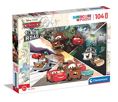 Clementoni 23774 Supercolor Disney Cars On The Road-Puzzle 104 Maxi Teile Ab 4 Jahren, Buntes Kinderpuzzle Mit Besonderer Leuchtkraft, Geschicklichkeitsspiel Für Kinder, Mehrfarbig von Clementoni