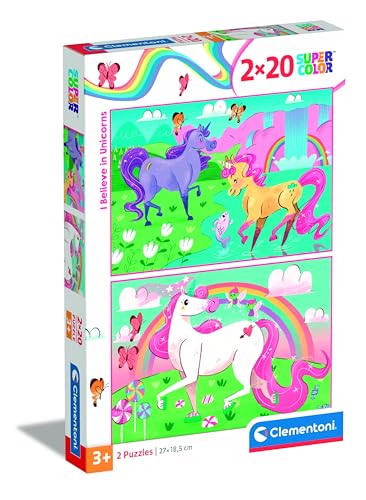 Clementoni 24754 Supercolor Unicorns – Puzzle 2 x 20 Teile ab 3 Jahren, buntes Kinderpuzzle mit besonderer Leuchtkraft & Farbintensität, Geschicklichkeitsspiel für Kinder von Clementoni