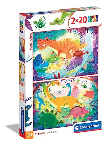 Clementoni 24755 Supercolor Lustige Dinos – Puzzle 2 x 20 Teile ab 3 Jahren, buntes Kinderpuzzle mit besonderer Leuchtkraft & Farbintensität, Geschicklichkeitsspiel für Kinder von Clementoni