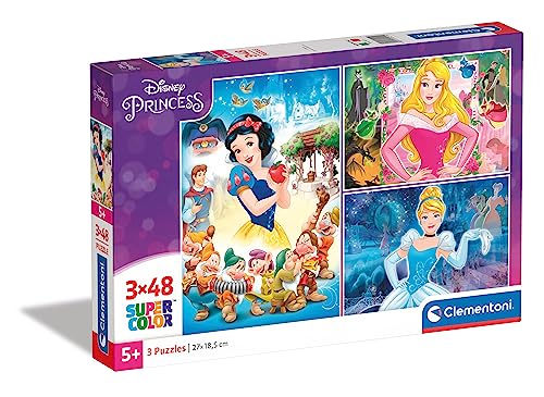 Clementoni 25211 Supercolor Princess – Puzzle 3 x 48 Teile ab 4 Jahren, buntes Kinderpuzzle mit besonderer Leuchtkraft & Farbintensität, Geschicklichkeitsspiel für Kinder von Clementoni
