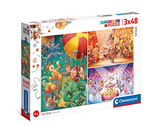 Clementoni 25264 Supercolor Der Zirkus – Puzzle 3 x 48 Teile ab 4 Jahren, buntes Kinderpuzzle mit besonderer Leuchtkraft & Farbintensität, Geschicklichkeitsspiel für Kinder von Clementoni